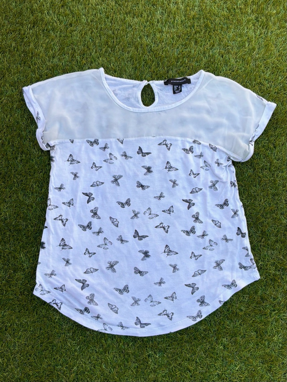 Atmosphere White Butterfly Print Sheer Yoke Top Size US 2